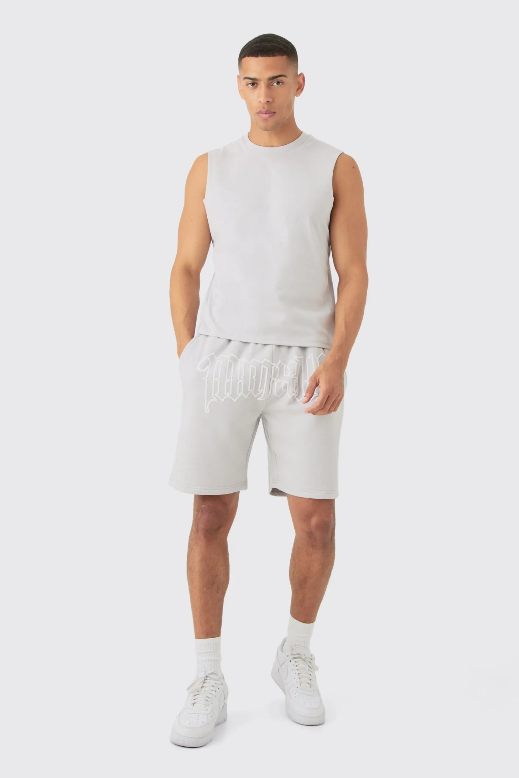 Boxy Fit Gothic Graphic Puff Print Tank & Short Set | UK^boohooMAN Clearance