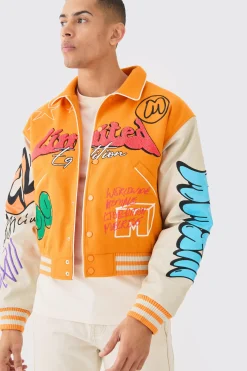 boohooMAN Boxy Fit Graffiti Varsity Jacket | UK| Coats & Jackets