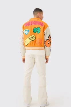 boohooMAN Boxy Fit Graffiti Varsity Jacket | UK| Coats & Jackets