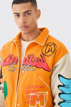 boohooMAN Boxy Fit Graffiti Varsity Jacket | UK| Coats & Jackets