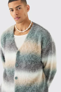 boohooMAN Boxy Fit Knitted Brushed Stripe Cardigan | UK| Knitwear