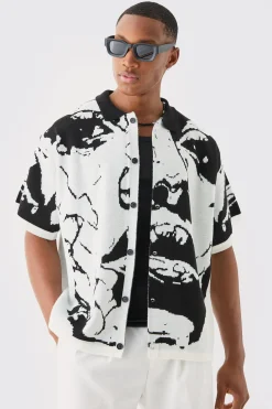 boohooMAN Boxy Fit Line Drawing Knitted Shirt | UK| Shirts|Knitwear