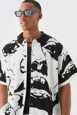 boohooMAN Boxy Fit Line Drawing Knitted Shirt | UK| Shirts|Knitwear