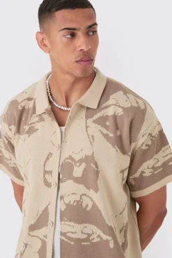 boohooMAN Boxy Fit Line Drawing Knitted Shirt | UK| Shirts|Knitwear
