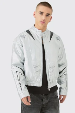 boohooMAN Boxy Fit Metallic Pu Panel Moto Bomber | UK| Coats & Jackets