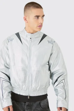 boohooMAN Boxy Fit Metallic Pu Panel Moto Bomber | UK| Coats & Jackets