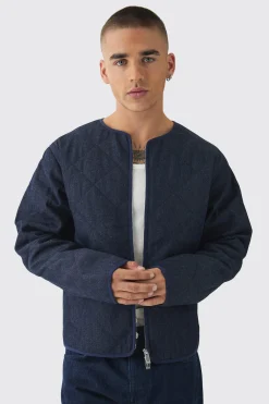 boohooMAN Boxy Fit Quilted Collarless Denim Jacket | UK| Coats & Jackets