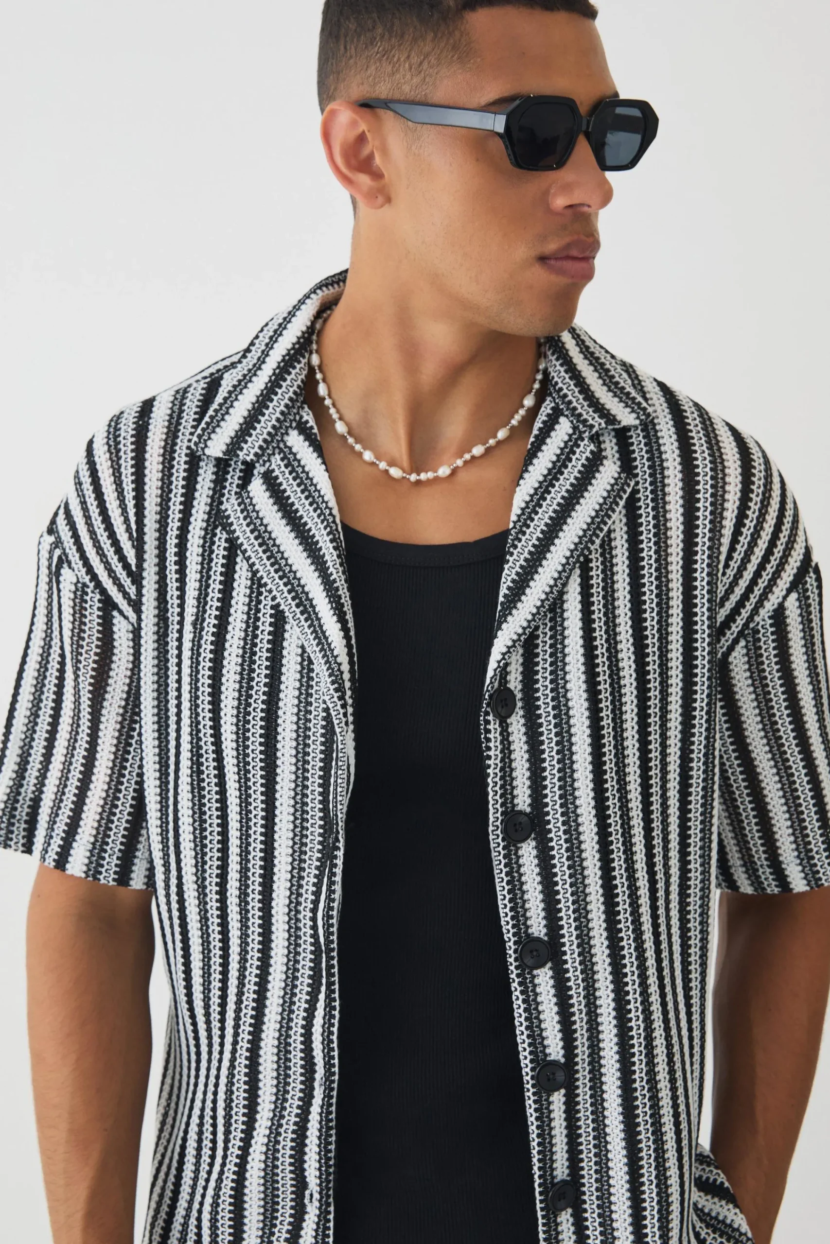 boohooMAN Boxy Fit Revere Open Weave Stripe Shirt | UK| Shirts