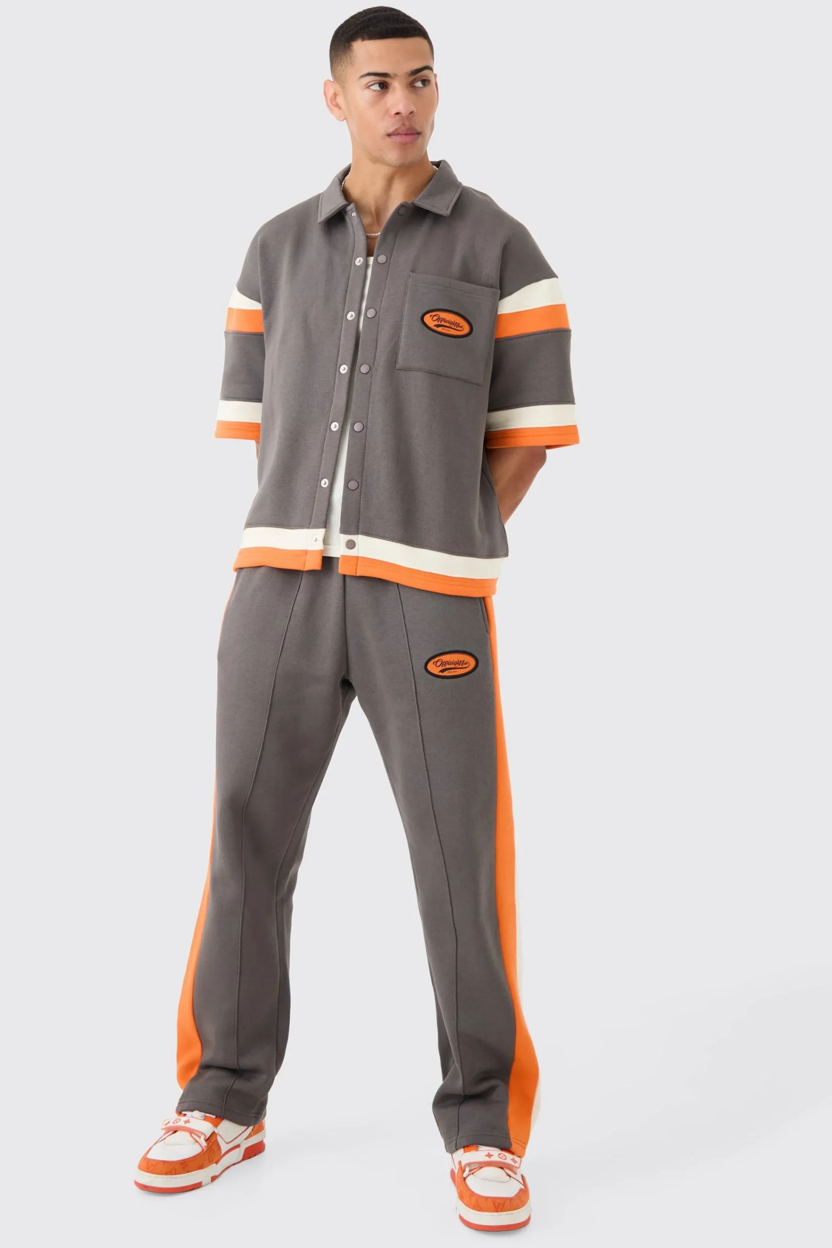 boohooMAN Boxy Fit Varsity Shirt Tracksuit | UK| Sets & Co-Ords|Tracksuits