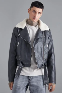 boohooMAN Boxy Fit Washed Pu Biker With Borg Collar | UK| Coats & Jackets