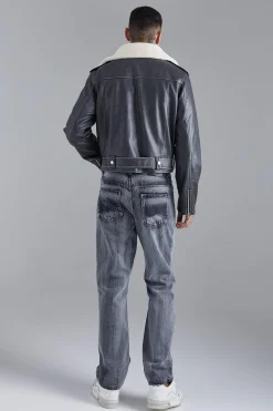 boohooMAN Boxy Fit Washed Pu Biker With Borg Collar | UK| Coats & Jackets