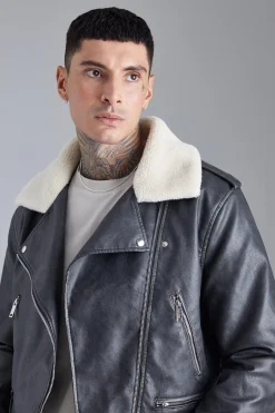 boohooMAN Boxy Fit Washed Pu Biker With Borg Collar | UK| Coats & Jackets