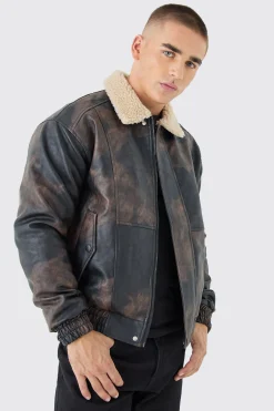 boohooMAN Boxy Fit Washed PU Borg Collar Bomber Jacket In | UK| Coats & Jackets