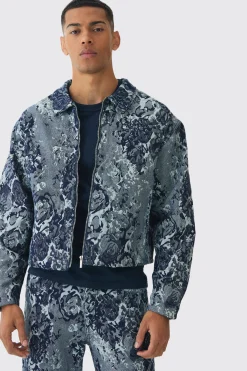 boohooMAN Boxy Floral Jacquard Denim Jacket | UK| Sets & Co-Ords|Coats & Jackets
