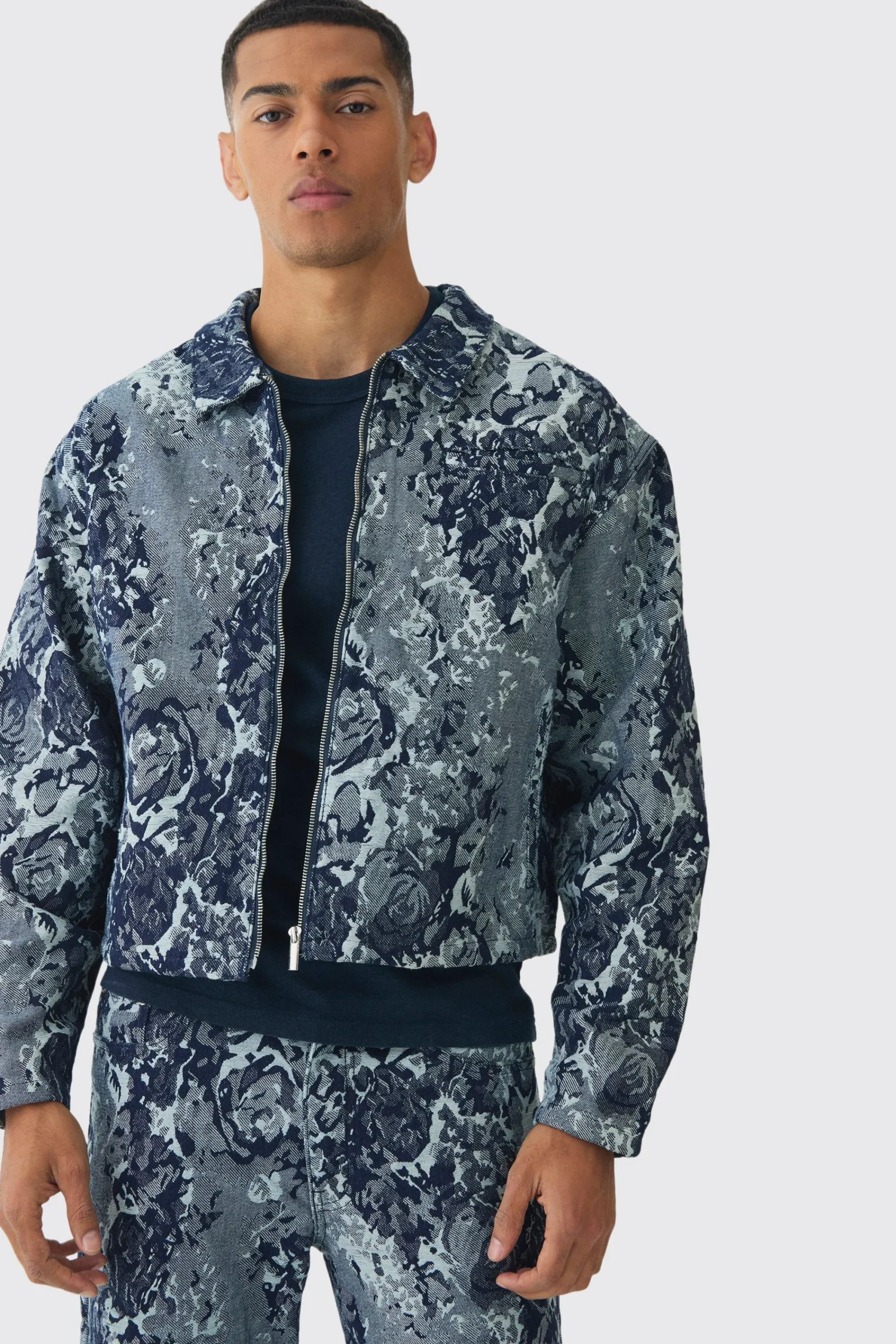 boohooMAN Boxy Floral Jacquard Denim Jacket | UK| Sets & Co-Ords|Coats & Jackets
