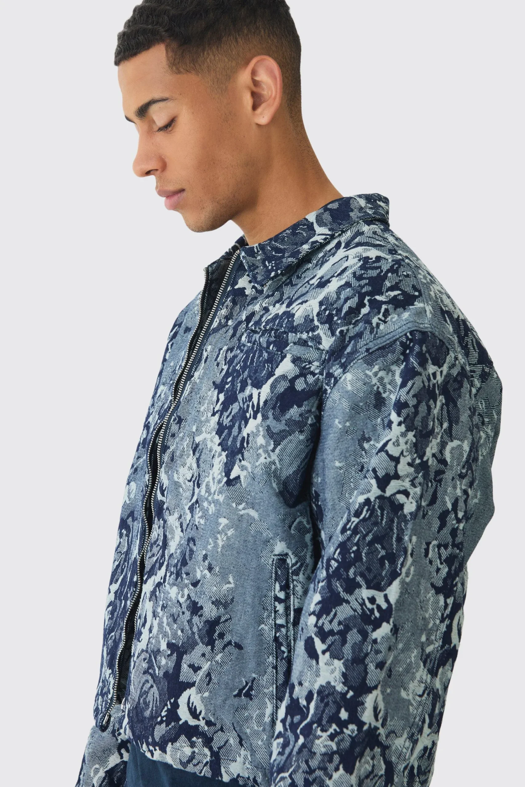 boohooMAN Boxy Floral Jacquard Denim Jacket | UK| Sets & Co-Ords|Coats & Jackets