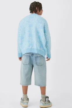 boohooMAN Boxy Fluffy Branded Knitted Cardigan In Blue | UK| Knitwear