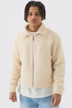 boohooMAN Boxy Fluffy Texture Harrington In | UK| Coats & Jackets