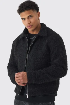 boohooMAN Boxy Fluffy Texture Harrington In | UK| Coats & Jackets