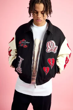 boohooMAN Boxy Heart Applique Varsity Bomber | UK| Coats & Jackets