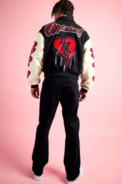boohooMAN Boxy Heart Applique Varsity Bomber | UK| Coats & Jackets
