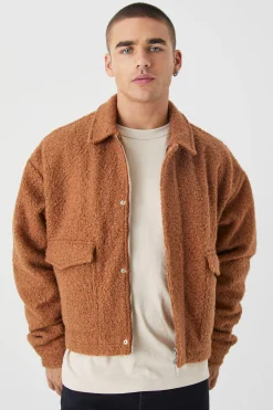 boohooMAN Boxy Heavy Boucle Harrington With Pockets | UK| Coats & Jackets