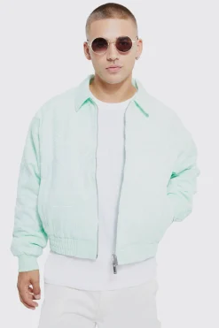 boohooMAN Boxy Heavy Twill Embroidered Collared Bomber | UK| Coats & Jackets