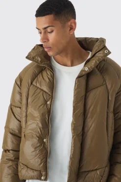 boohooMAN Boxy High Shine Nylon Abstract Quilted Funnel Neck Puffer In | UK| Coats & Jackets