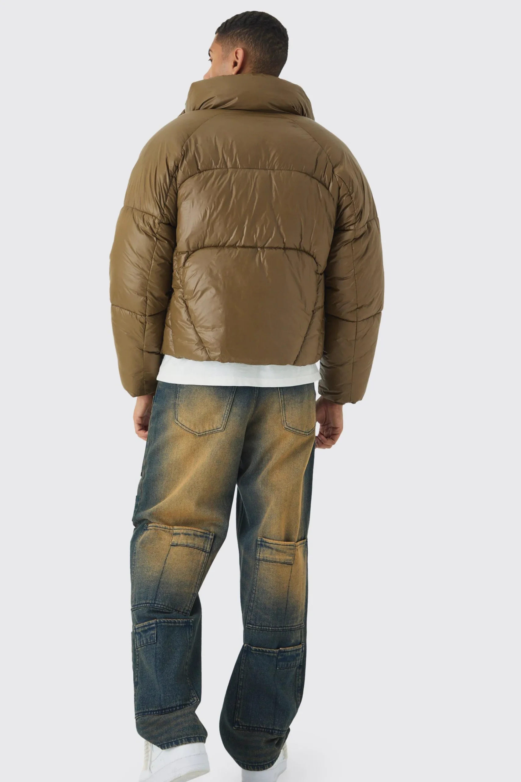 boohooMAN Boxy High Shine Nylon Abstract Quilted Funnel Neck Puffer In | UK| Coats & Jackets