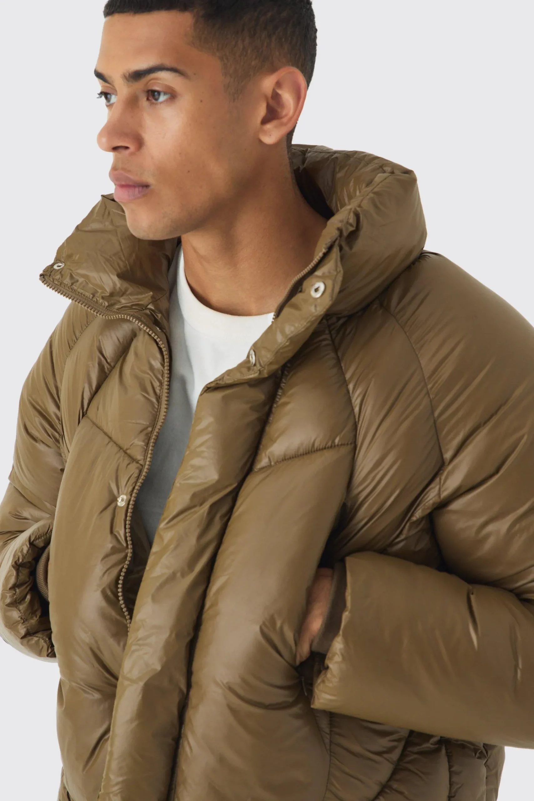 boohooMAN Boxy High Shine Nylon Abstract Quilted Funnel Neck Puffer In | UK| Coats & Jackets