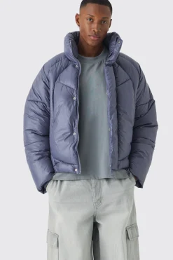 boohooMAN Boxy High Shine Nylon Abstract Quilted Funnel Neck Puffer In | UK| Coats & Jackets