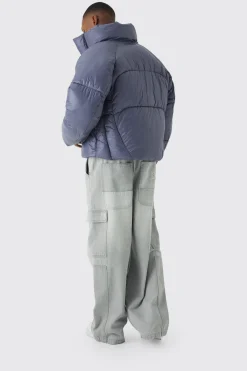 boohooMAN Boxy High Shine Nylon Abstract Quilted Funnel Neck Puffer In | UK| Coats & Jackets