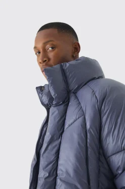 boohooMAN Boxy High Shine Nylon Abstract Quilted Funnel Neck Puffer In | UK| Coats & Jackets