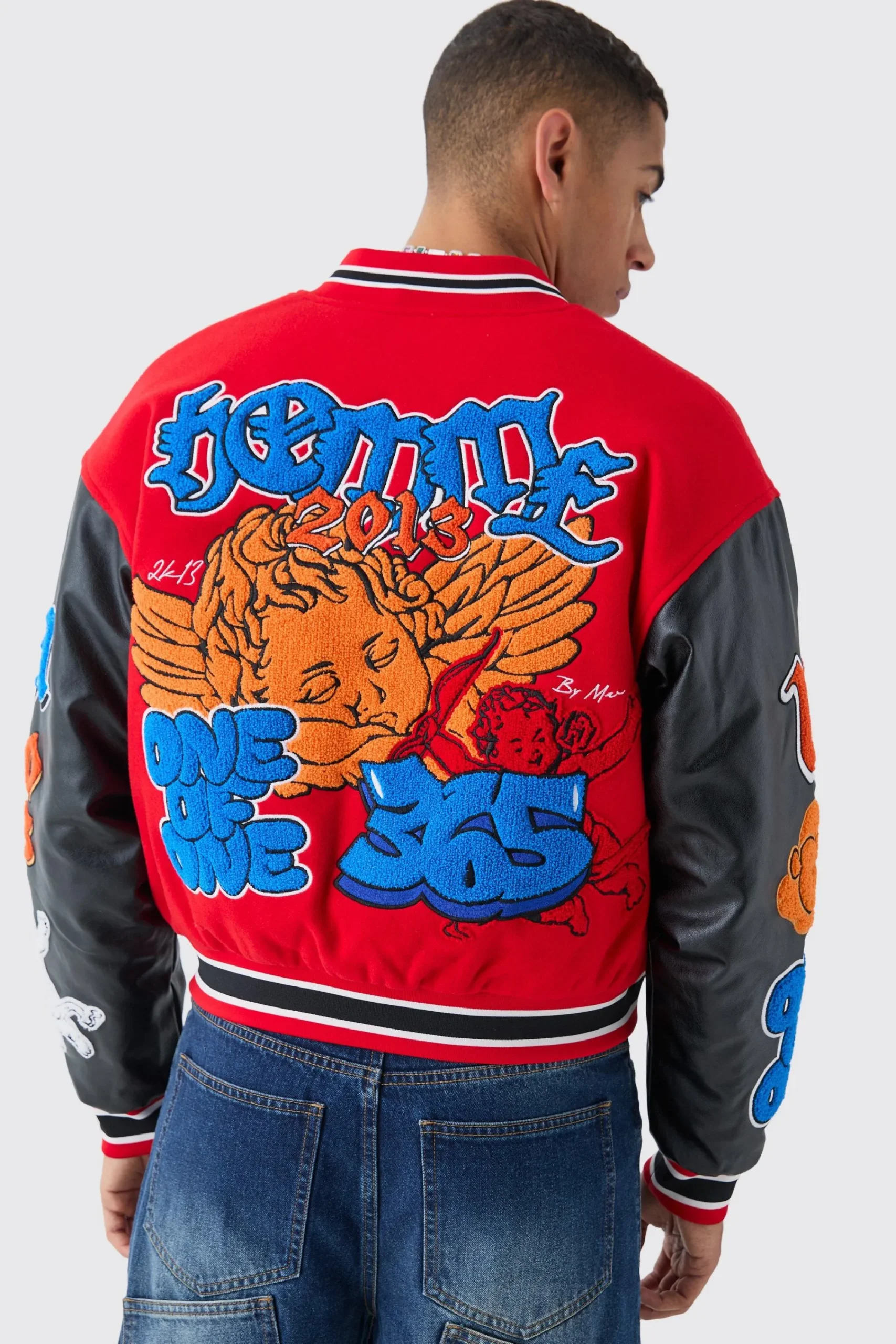 boohooMAN Boxy Homme Badge PU Sleeve Varsity Jacket In | UK| Coats & Jackets