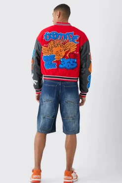 boohooMAN Boxy Homme Badge PU Sleeve Varsity Jacket In | UK| Coats & Jackets