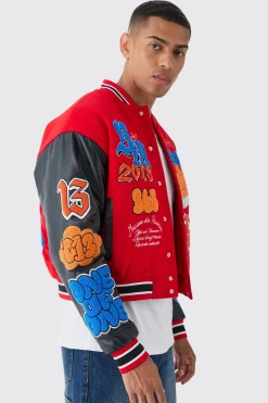 boohooMAN Boxy Homme Badge PU Sleeve Varsity Jacket In | UK| Coats & Jackets