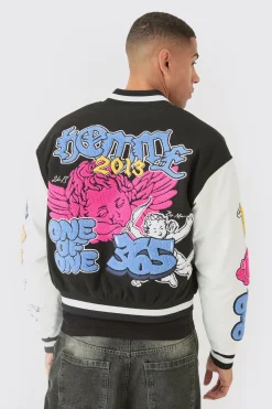 boohooMAN Boxy Homme Badge PU Sleeve Varsity Jacket In | UK| Coats & Jackets