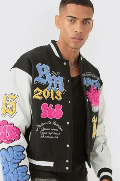 boohooMAN Boxy Homme Badge PU Sleeve Varsity Jacket In | UK| Coats & Jackets