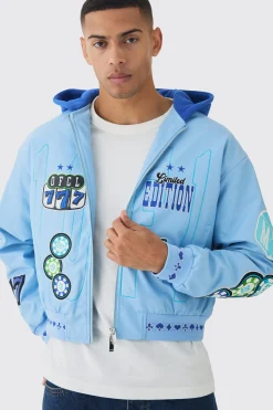 boohooMAN Boxy Hooded Casino Badge Bomber Jacket In Blue | UK| Coats & Jackets