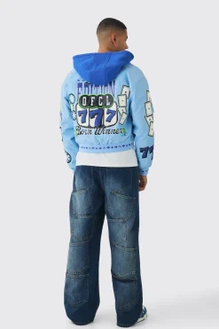 boohooMAN Boxy Hooded Casino Badge Bomber Jacket In Blue | UK| Coats & Jackets