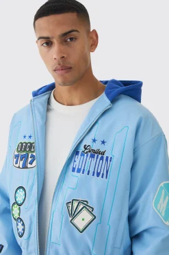 boohooMAN Boxy Hooded Casino Badge Bomber Jacket In Blue | UK| Coats & Jackets