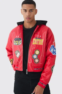 boohooMAN Boxy Hooded Casino Badge Bomber Jacket In | UK| Coats & Jackets