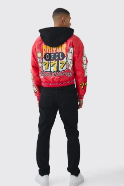 boohooMAN Boxy Hooded Casino Badge Bomber Jacket In | UK| Coats & Jackets