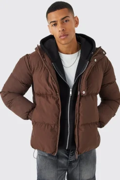 boohooMAN Boxy Hooded Puffer With Half Placket | UK| Coats & Jackets