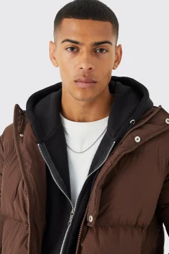 boohooMAN Boxy Hooded Puffer With Half Placket | UK| Coats & Jackets