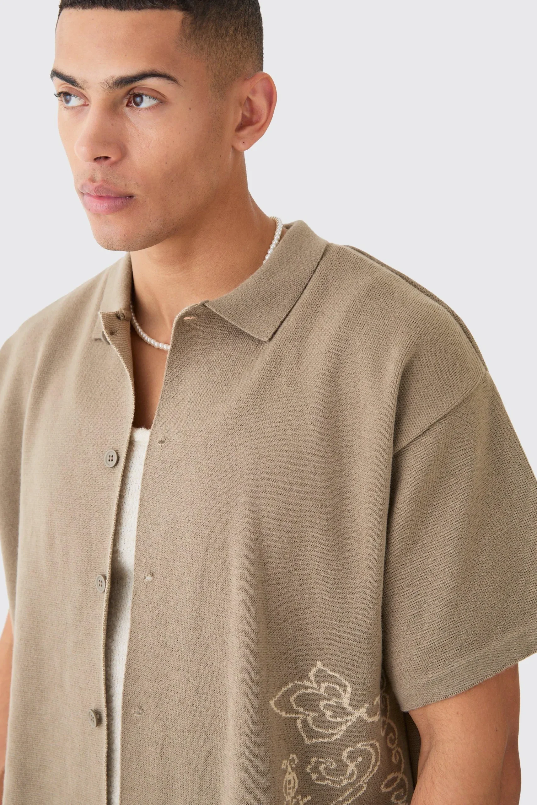 boohooMAN Boxy Jacquard Knit Abstract Detail Shirt In | UK| Shirts|Knitwear