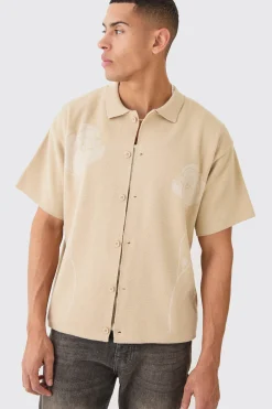 boohooMAN Boxy Jacquard Knit Rose Detail Shirt In | UK| Shirts