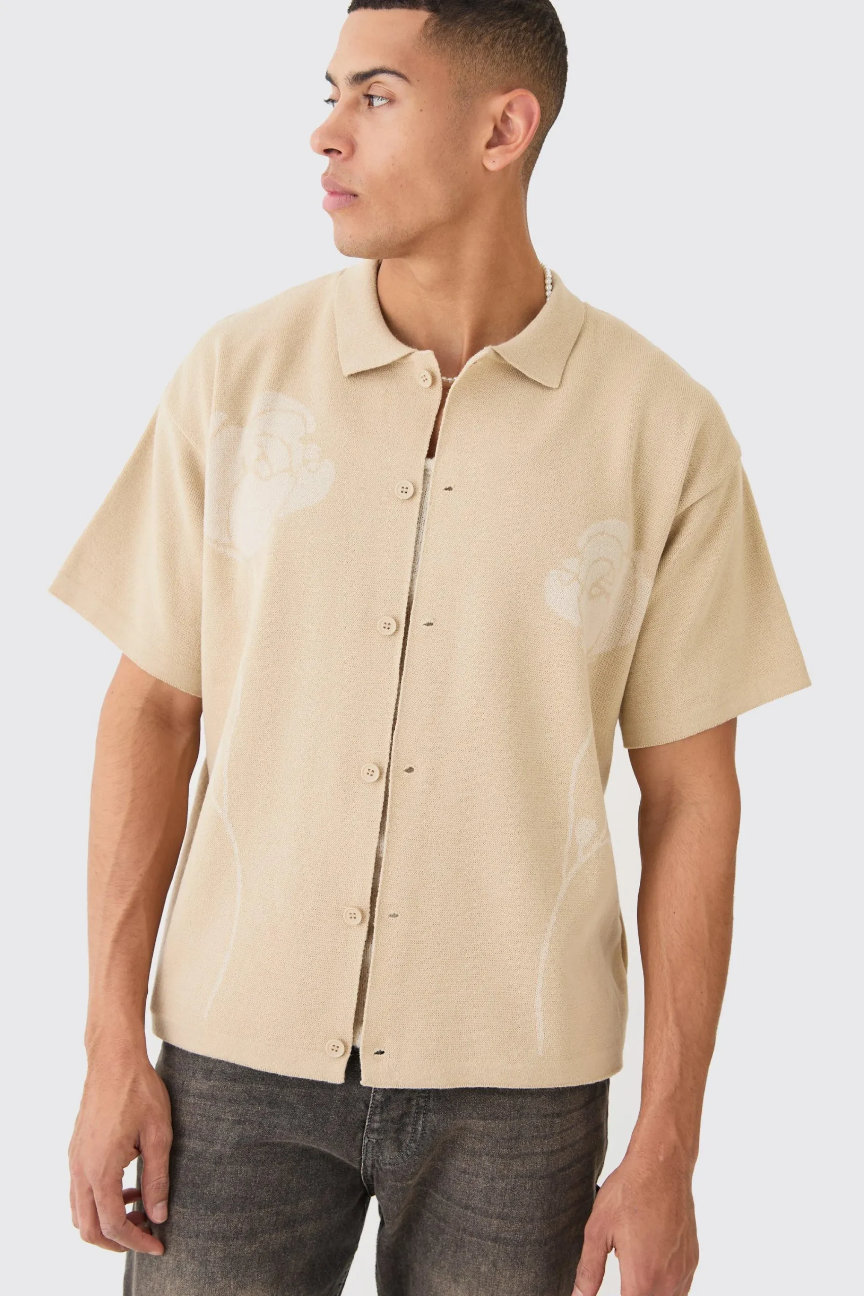 boohooMAN Boxy Jacquard Knit Rose Detail Shirt In | UK| Shirts