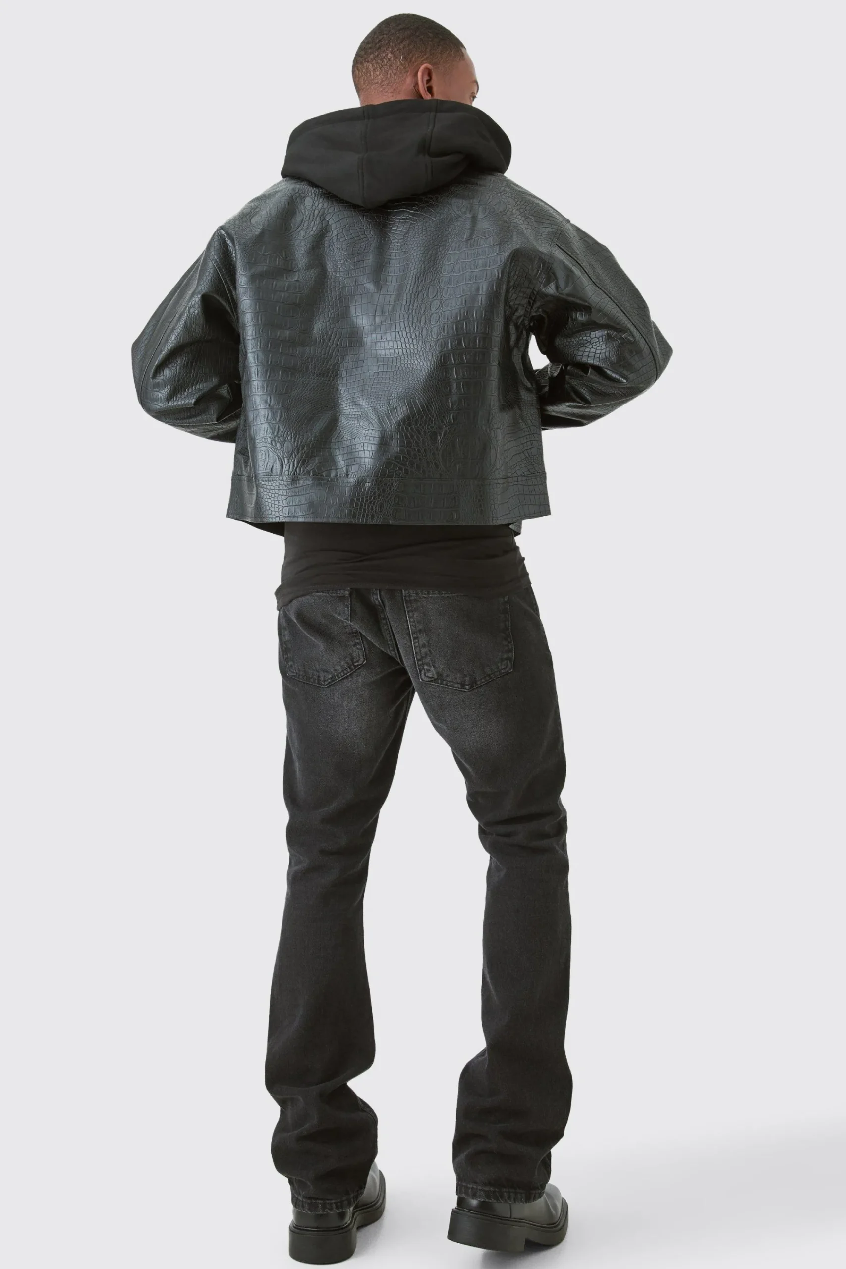 boohooMAN Boxy Jersey Hooded Pu Bomber Jacket In | UK| Coats & Jackets