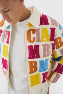 boohooMAN Boxy Letter Badge Collared Varsity Jacket In | UK| Coats & Jackets